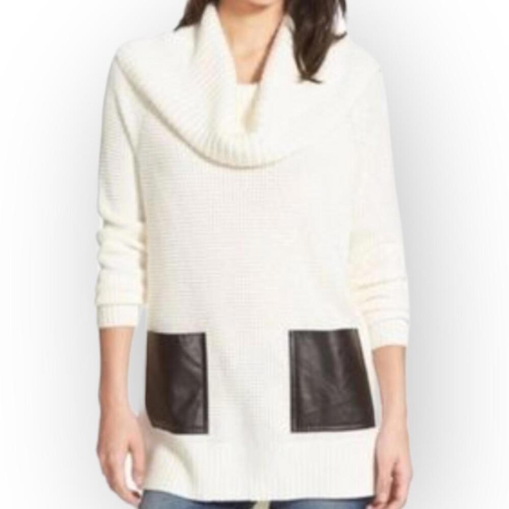 MICHAEL Michael Kors Faux Leather Pocket Chunky Turtleneck Tunic Sweater